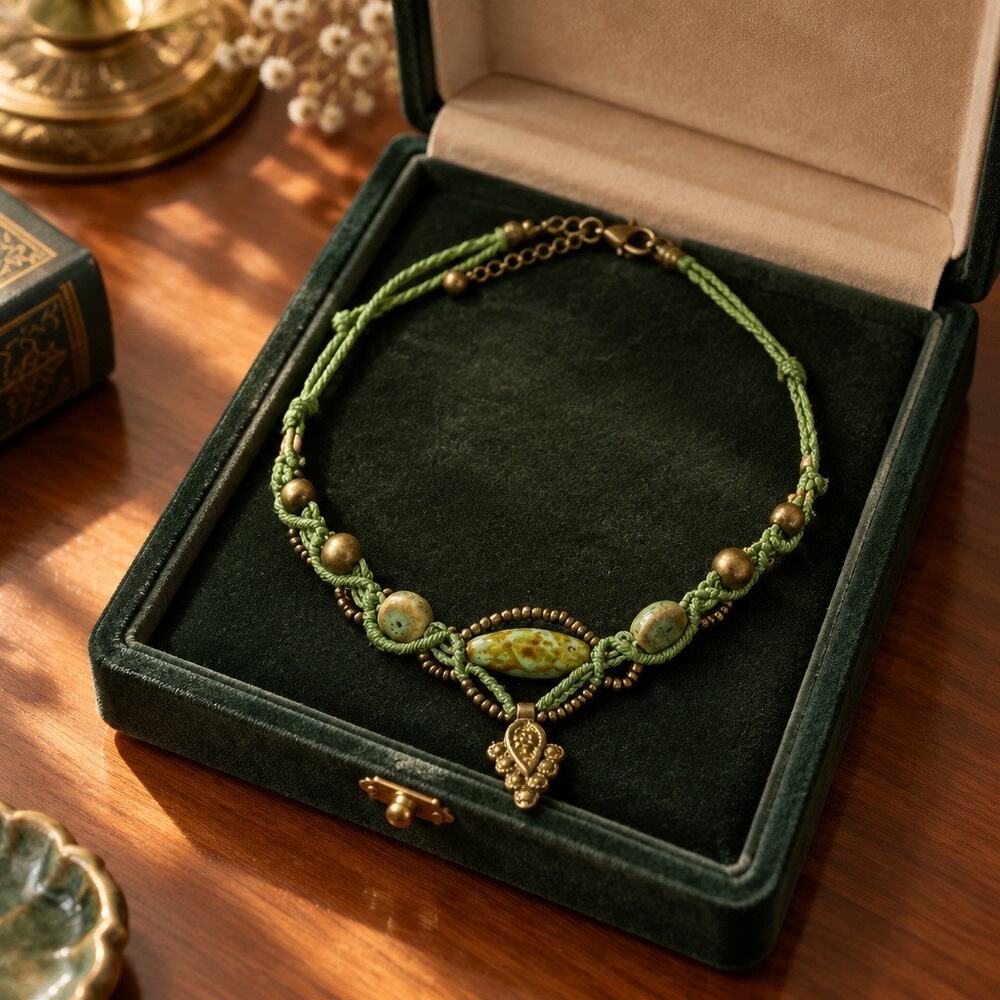 Handcrafted Macrame Choker Necklace Green Boho Statement Choker with Stones